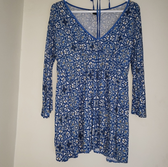 Express blue printed women's L bell sleeve tunic - Picture 2 of 5